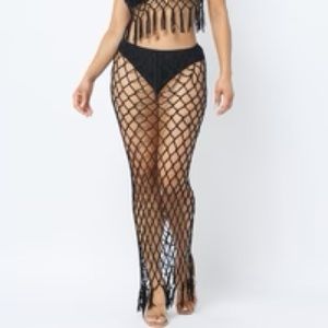 Black Fishnet Crochet Mesh Fringe Maxi Skirt